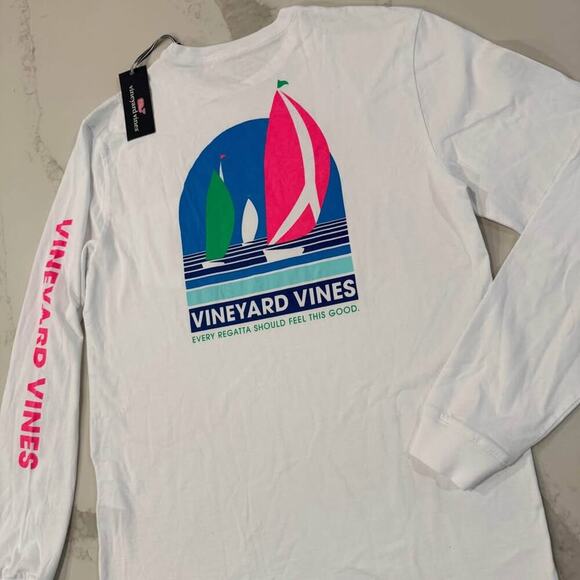 Vineyard Vines NWT Regatta Sailboat LongSleeve TShirt Mens Small White/Neon Pink - Picture 7 of 8